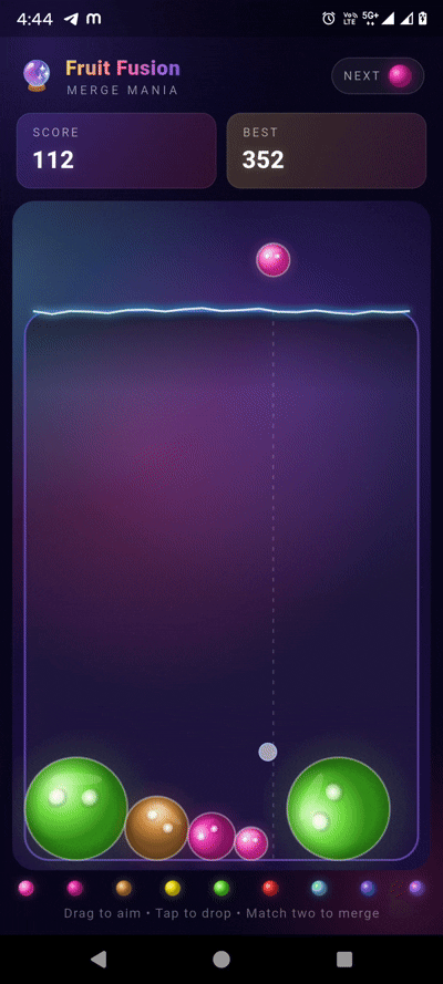 Animated Crystal Ball: Drop Merge gameplay showing crystals dropping and merging